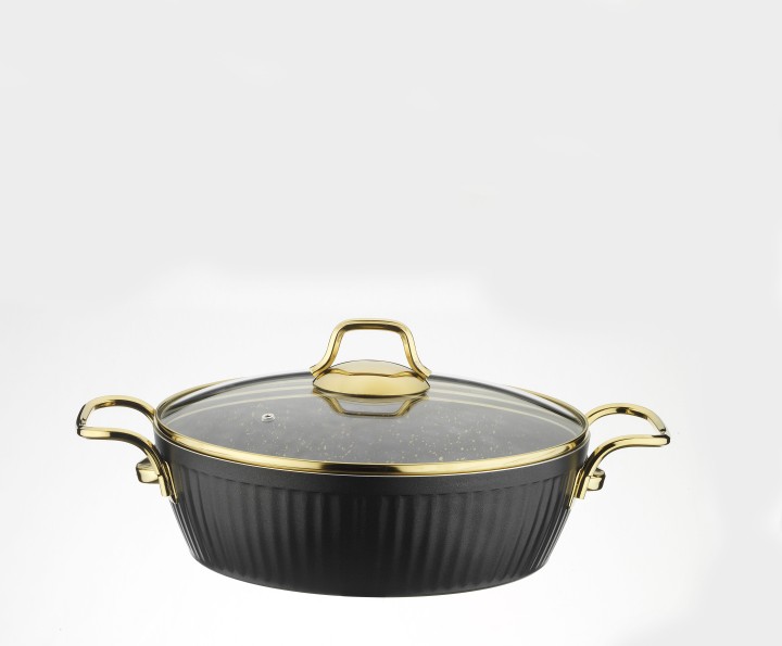 Lines Maya Granit Desenli Basık Tencere Altın Metal Kulp- Siyah - Lines