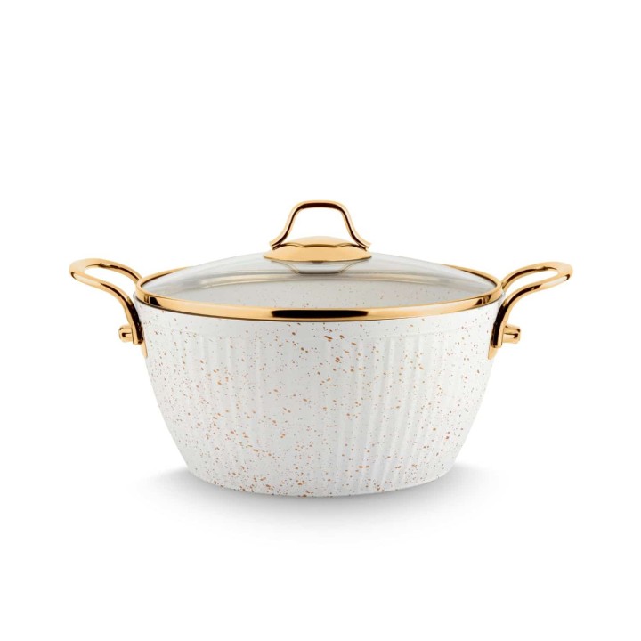 Lines Maya Granit Desenli Derin Tencere Altın Metal Kulp- Beyaz - Lines