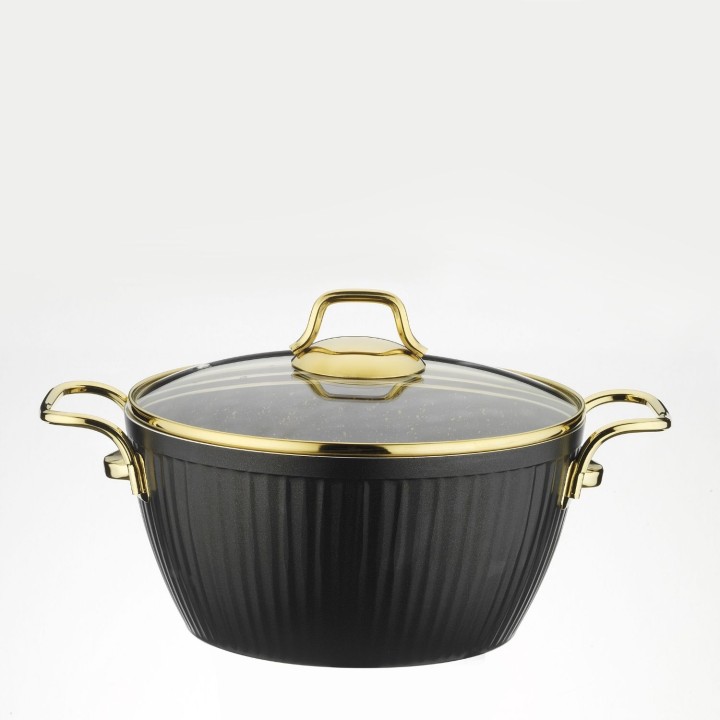 Lines Maya Granit Desenli Derin Tencere Altın Metal Kulp- Siyah - Lines