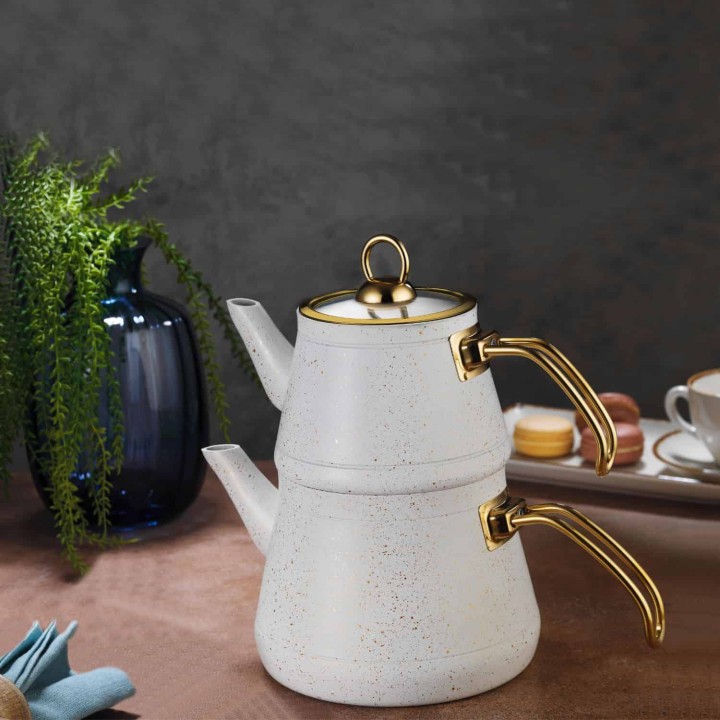 Lines Maya Granit Çaydanlık Altın Metal Kulplu - Beyaz - Lines