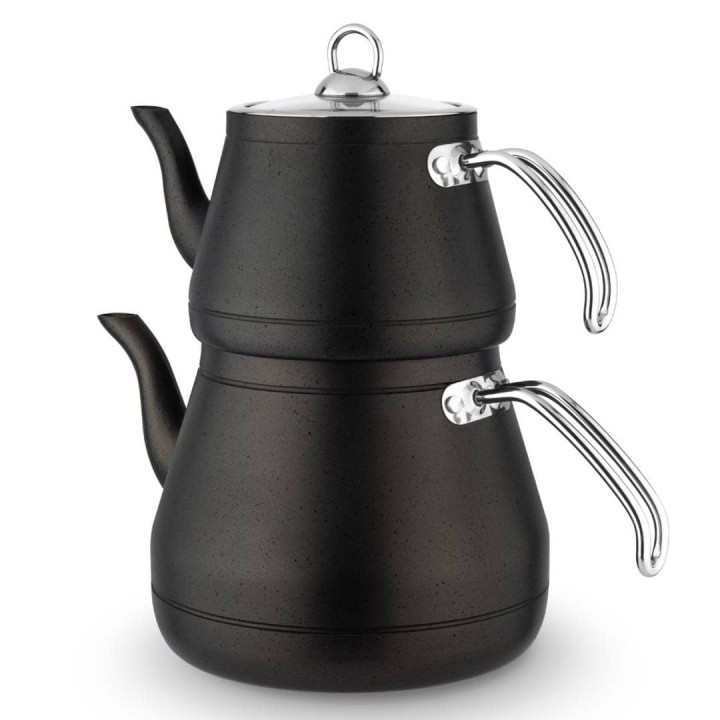 Lines Piramit Mega Metal Kulp Cam Kapak Granit Çaydanlık - Antrasit - Lines