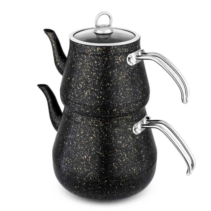 Lines Piramit Mega Metal Kulp Cam Kapak Granit Desen Çaydanlık - Siyah - Lines