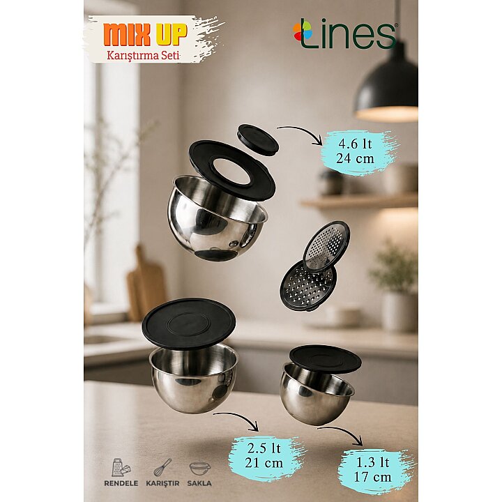 Lines Mix up Rendeli Karıştırma Seti 9 parça Inox Paslanmaz Çelik