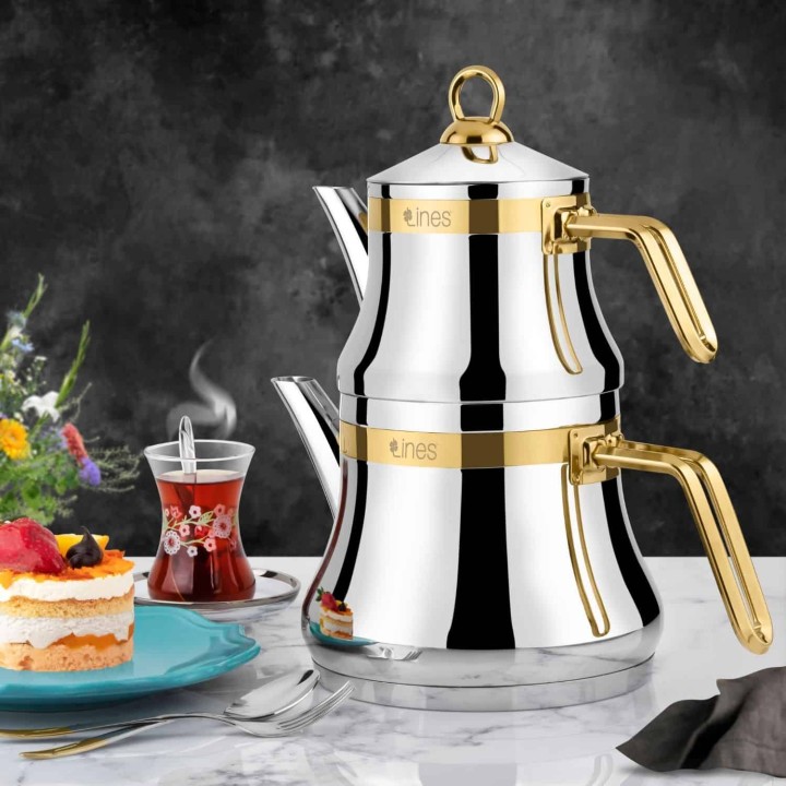 Lines Naz Altın Kemerli Kulplu Paslanmaz Çelik Çaydanlık - Lines
