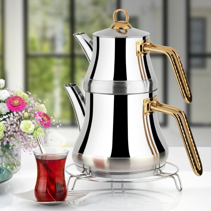 Lines Naz Altın Kulplu Paslanmaz Çelik Çaydanlık - Desenli Kulp - Lines