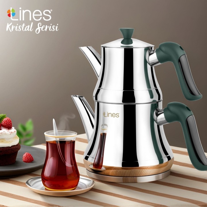 Lines Naz Kristal Serisi Yeşil Soft Kulp Paslanmaz Çelik Çaydanlık - Lines