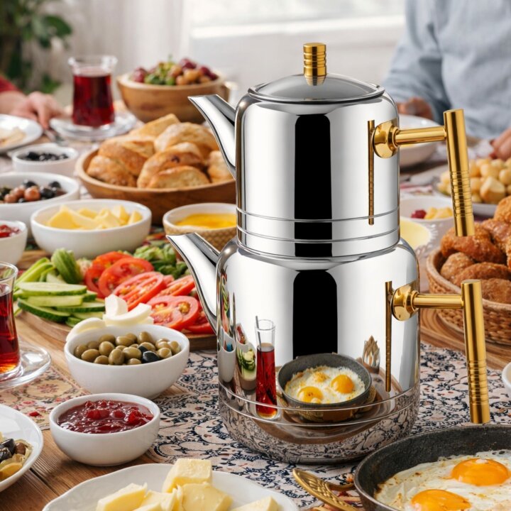 Lines Nil Aile Boy Paslanmaz Çelik Çaydanlık Altın Kulp — Büyük Boy Çaydanlık Takımı, İndüksiyon Uyumlu, 18/10 Çelik - Lines