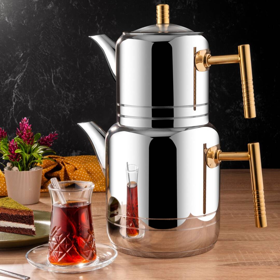 Lines Nil Aile Boy Paslanmaz Çelik Çaydanlık Altın Kulp — Büyük Boy Çaydanlık Takımı, İndüksiyon Uyumlu, 18/10 Çelik - 2