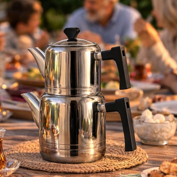 Lines Nil Aile Boy Paslanmaz Çelik Çaydanlık Siyah Soft Kulp — Büyük Boy Çaydanlık Takımı, İndüksiyon Uyumlu, 18/10 Çelik - 2