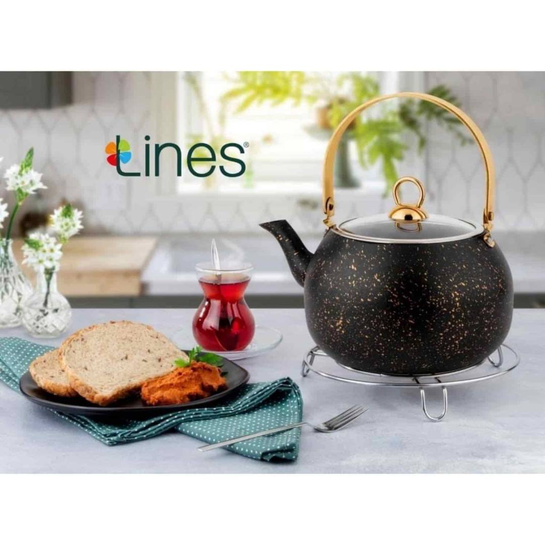 Lines Orkide Altın Metal Kulp Granit Tek Demlik - Siyah