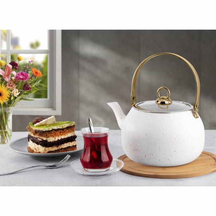 Lines Orkide Altın Metal Kulp Granit Tek Demlik - Beyaz - Lines