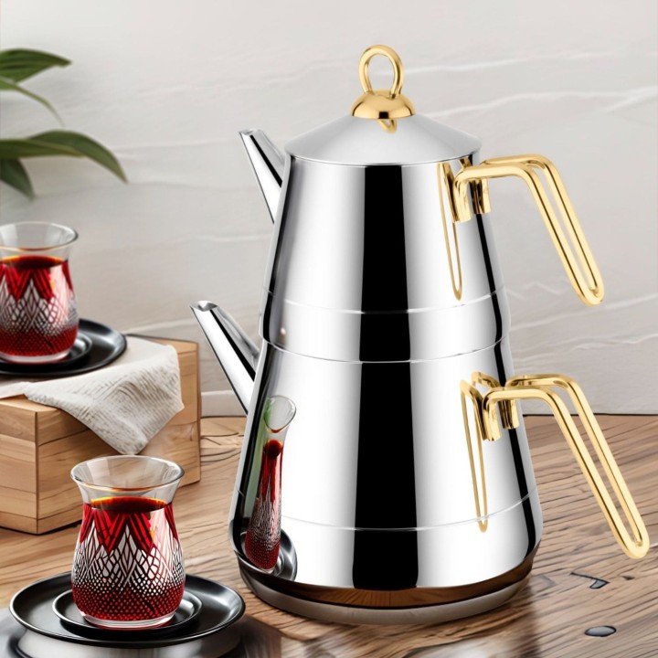 Lines Piramit Altın Kulp Paslanmaz Çelik Çaydanlık - YENİ - Lines