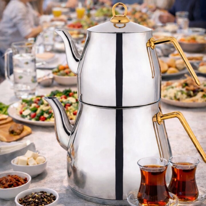 Lines Piramit Altın Kulplu Mega Çelik Çaydanlık Paslanmaz Çelik - Lines