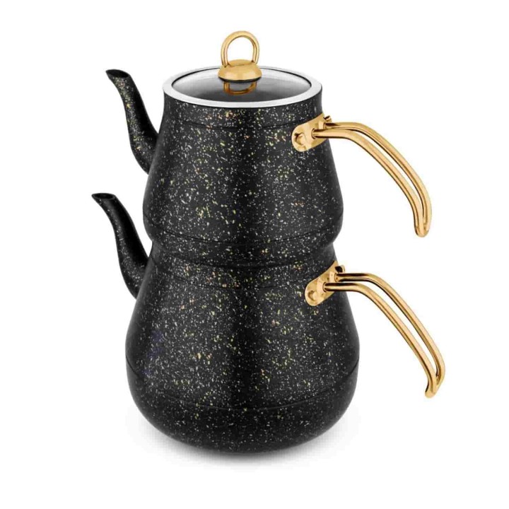 Lines Piramit Mega Altın Metal Kulp Cam Kapak Granit Desen Çaydanlık - Siyah - Lines