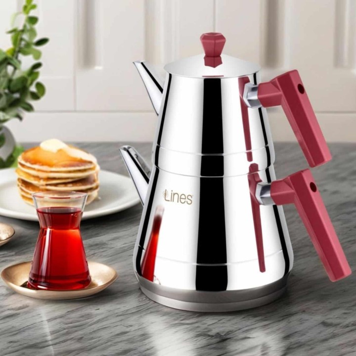 Lines Piramit Soft Kulp Paslanmaz Çelik Çaydanlık - Kızıl Kulp - Lines