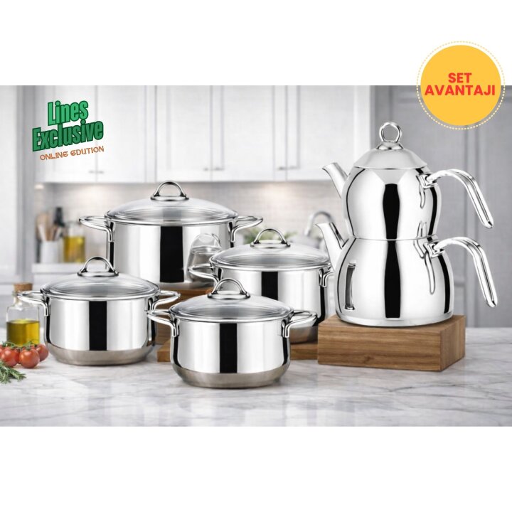 Lines Pırıl 8 Parça Çelik Tencere Seti + Aycan Orta Boy Çaydanlık | Paslanmaz Mutfak & Çeyiz Seti Metal Kulp - Lines
