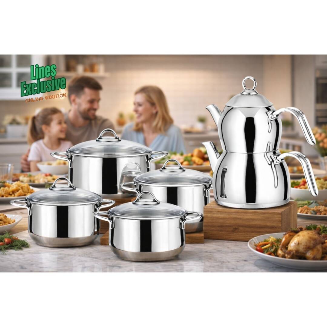 Lines Pırıl 8 Parça Çelik Tencere Seti + Aycan Orta Boy Çaydanlık | Paslanmaz Mutfak & Çeyiz Seti Metal Kulp - 2