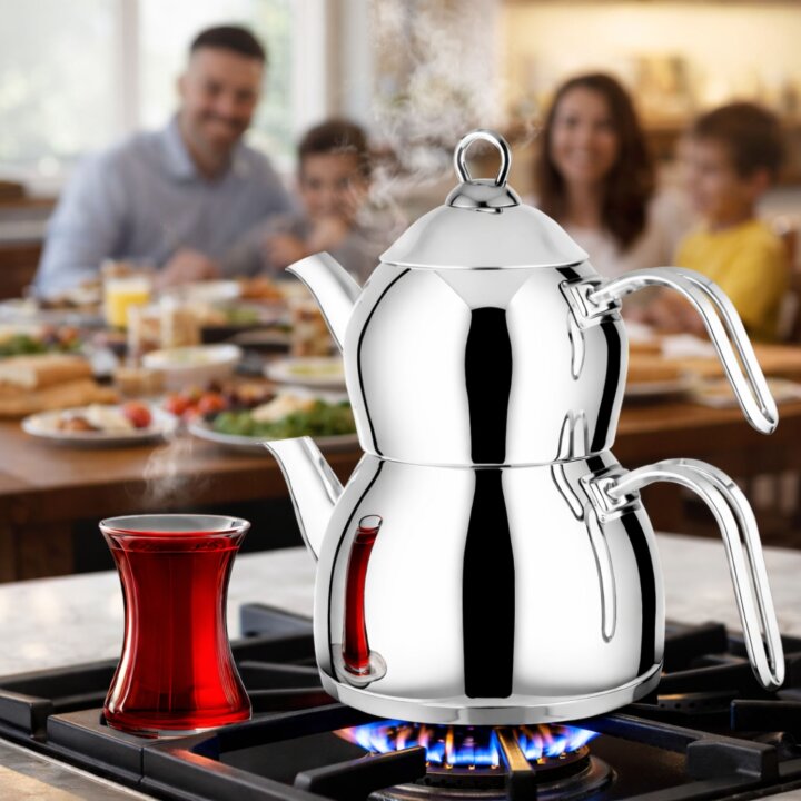 Lines Pırıl 8 Parça Çelik Tencere Seti + Aycan Orta Boy Çaydanlık | Paslanmaz Mutfak & Çeyiz Seti Metal Kulp - 3