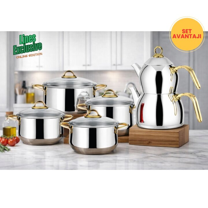 Lines Pırıl 8 Parça Çelik Tencere Seti + Aycan Orta Boy Çaydanlık | Paslanmaz Mutfak & Çeyiz Seti Altın Kulp - Lines