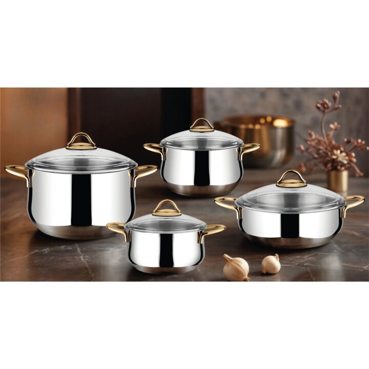 Lines Pırıl 8 Parça Çelik Tencere Seti + Aycan Orta Boy Çaydanlık | Paslanmaz Mutfak & Çeyiz Seti Altın Kulp - 4