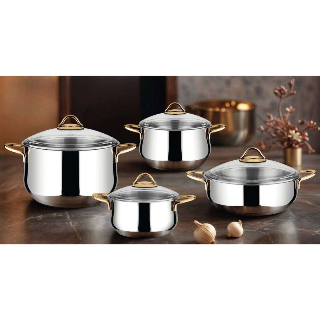 Lines Pırıl 8 Parça Çelik Tencere Seti + Aycan Orta Boy Çaydanlık | Paslanmaz Mutfak & Çeyiz Seti Altın Kulp - 4