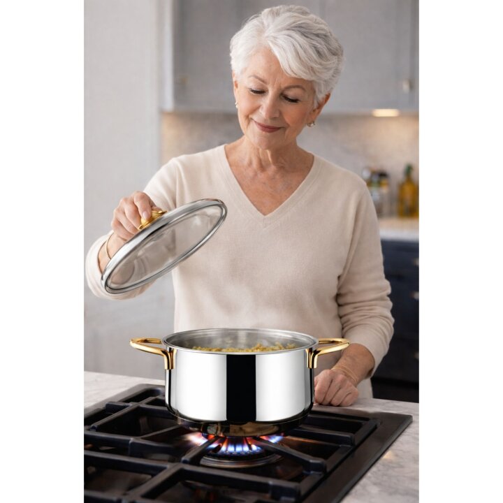 Lines Pırıl 8 Parça Çelik Tencere Seti + Aycan Orta Boy Çaydanlık | Paslanmaz Mutfak & Çeyiz Seti Altın Kulp - 2