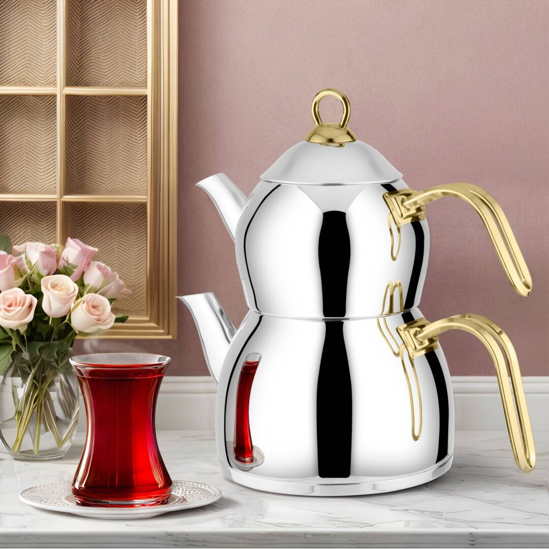 Lines Pırıl 8 Parça Çelik Tencere Seti + Aycan Orta Boy Çaydanlık | Paslanmaz Mutfak & Çeyiz Seti Altın Kulp - 7