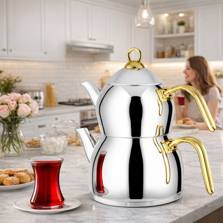 Lines Pırıl 8 Parça Çelik Tencere Seti + Aycan Orta Boy Çaydanlık | Paslanmaz Mutfak & Çeyiz Seti Altın Kulp - 3