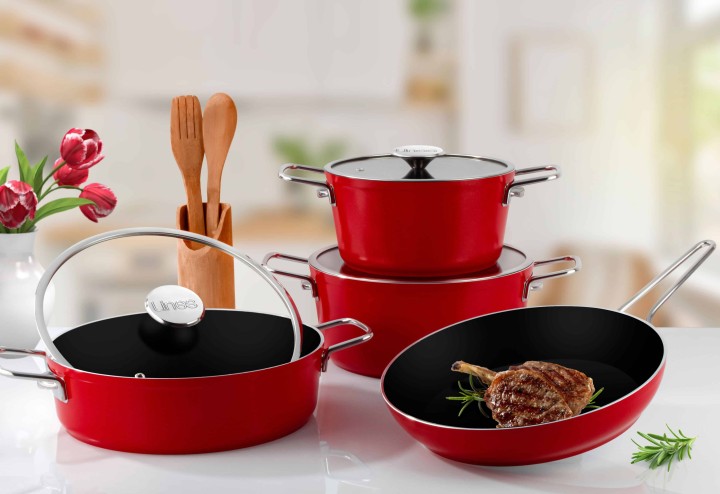 Lines Rozella 7 Parça Titanyum Tencere Seti - Kırmızı - Lines