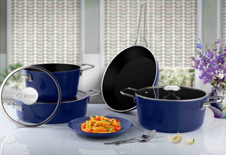 Lines Rozella 7 Parça Titanyum Tencere Seti - Mavi - Lines