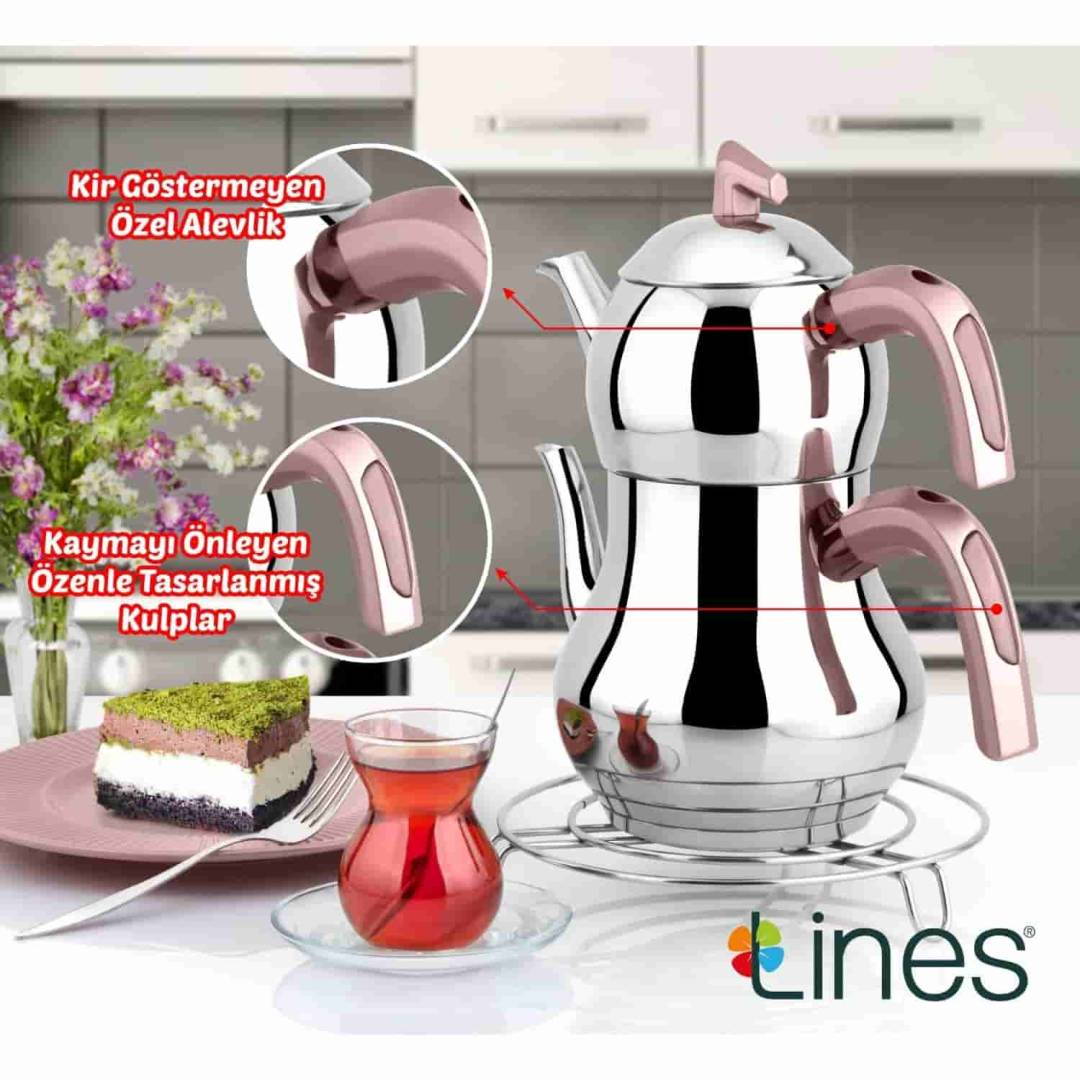 Lines Şahmeran Çelik Çaydanlık Soft Kulp - Rose