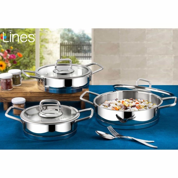 Lines Silver 6 Parça Basık Tencere Seti - Paslanmaz Çelik - Gümüş - Lines
