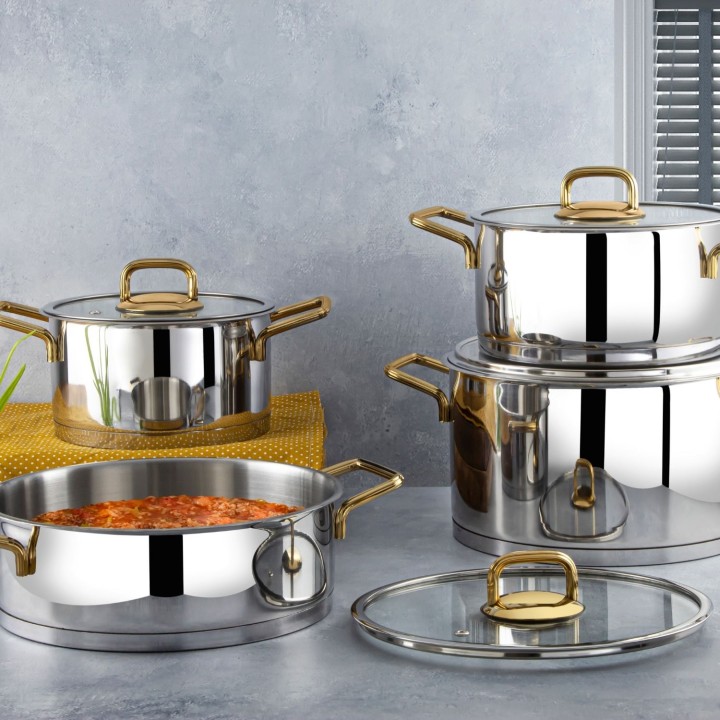 Lines Yeni Silver 8 Parça Altın Metal Kulplu Çelik Tencere Seti - Lines