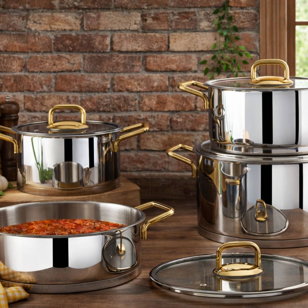 Lines Silver 8 Parça Altın Metal Kulplu Paslanmaz Çelik Tencere Seti - 1