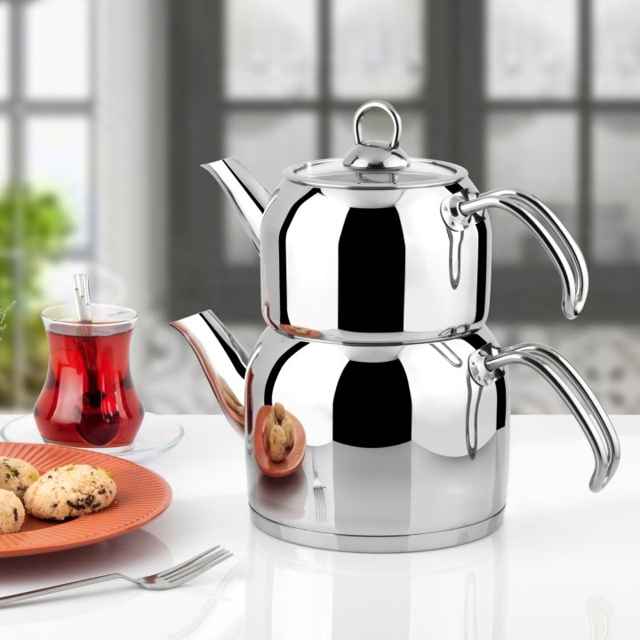 Lines Silver Metal Kulplu Çelik Çaydanlık -Cam Kapak - Lines