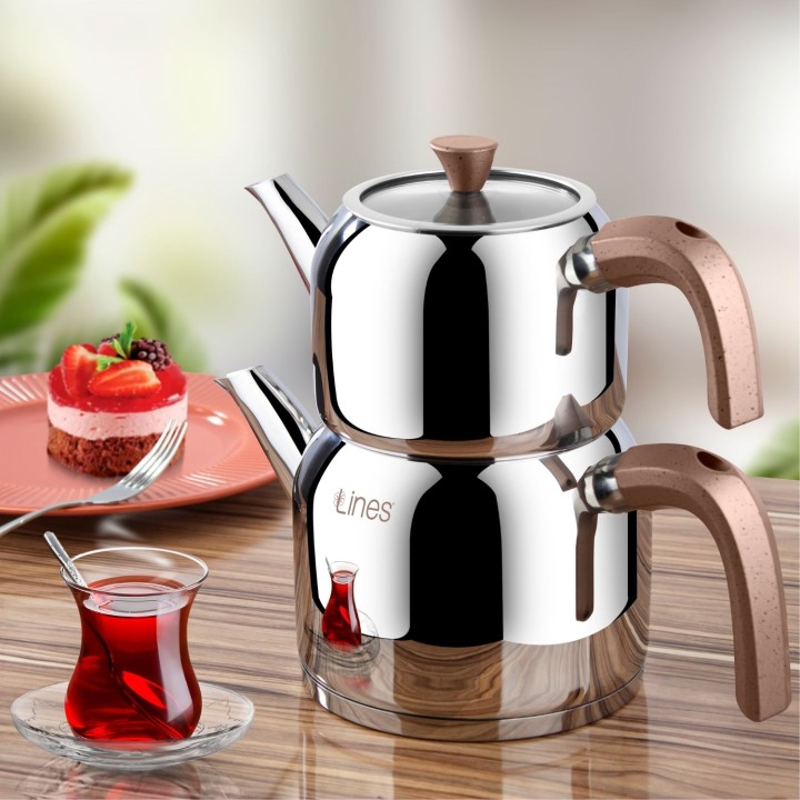 Lines Silver Soft Kulplu Çelik Çaydanlık - Bronz- Cam Kapak - Lines