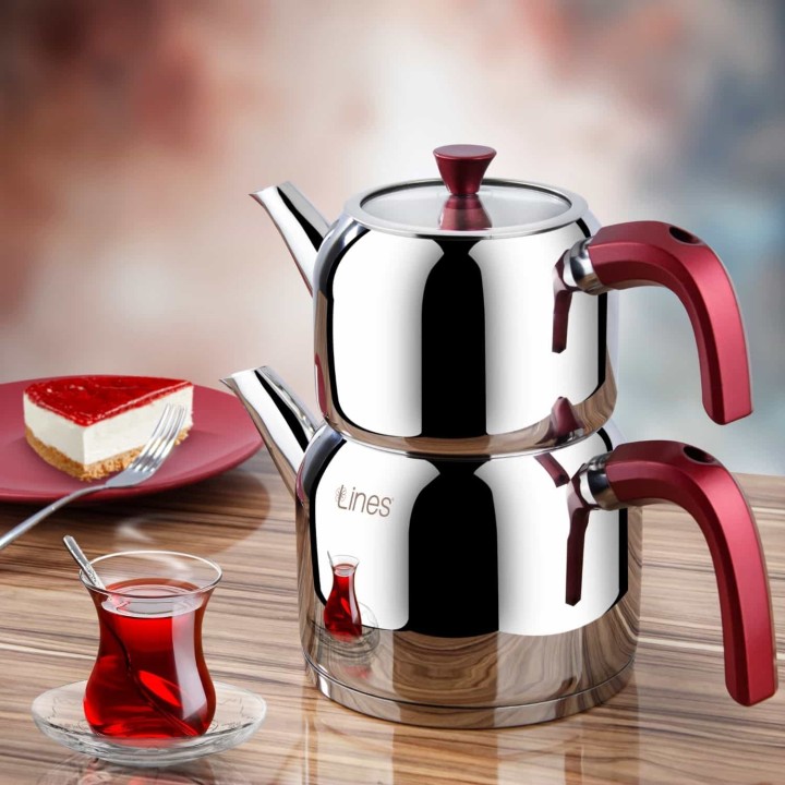 Lines Silver Soft Kulplu Çelik Çaydanlık - Kırmızı- Cam Kapak - Lines