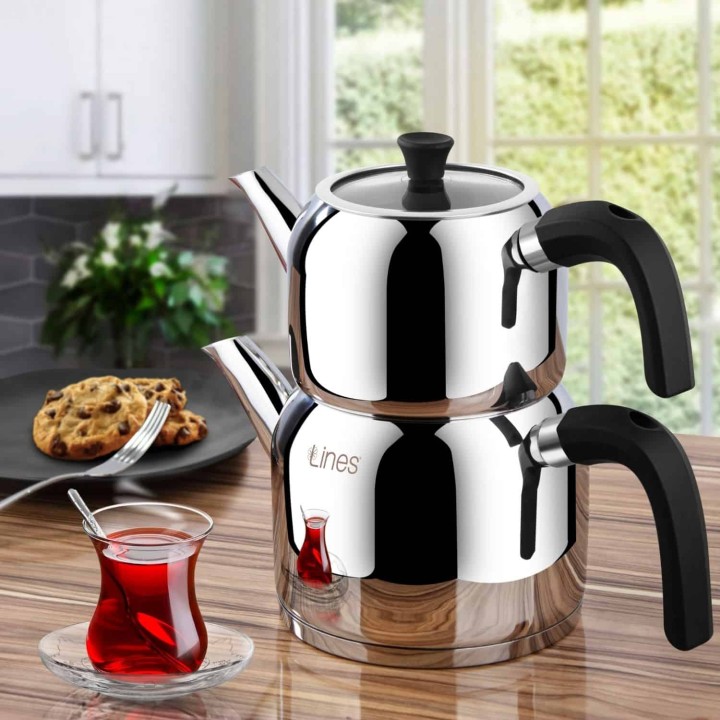 Lines Silver Soft Kulplu Çelik Çaydanlık - Siyah- Cam Kapak - Lines