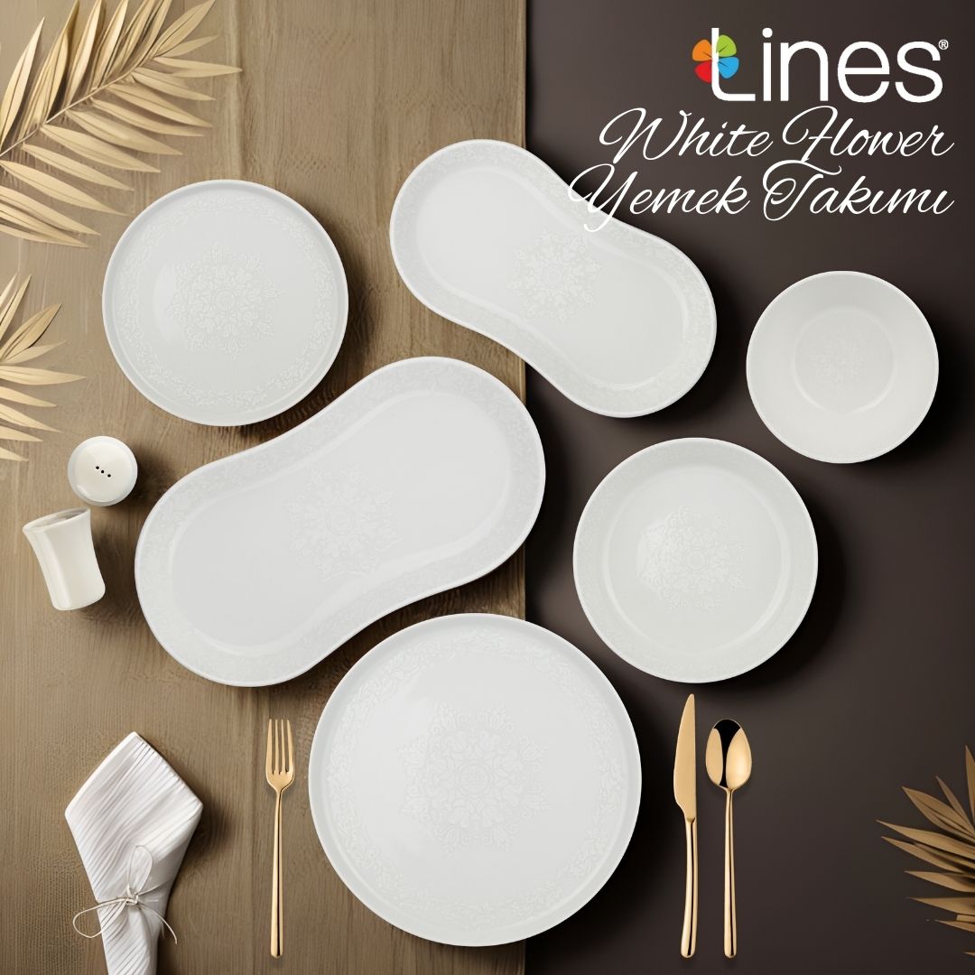 Lines White Flower 28 Parça Porselen Yemek Takımı