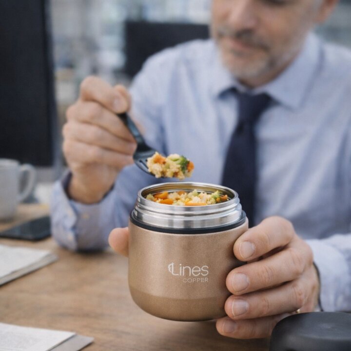 Lines Copper Go Isı Korumalı Paslanmaz Çelik Bej Yemek Termosu – Sızdırmaz Çelik Termos - Lines