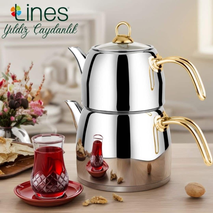 Lines Yıldız Paslanmaz Çelik Çaydanlık - Altın Kulp Buhar Kapaklı Çeyizlik