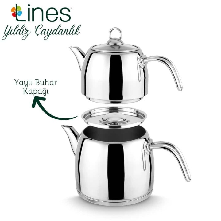 Lines Yıldız Paslanmaz Çelik Çaydanlık- Metal Kulp Buhar Kapaklı Çeyizlik - Lines