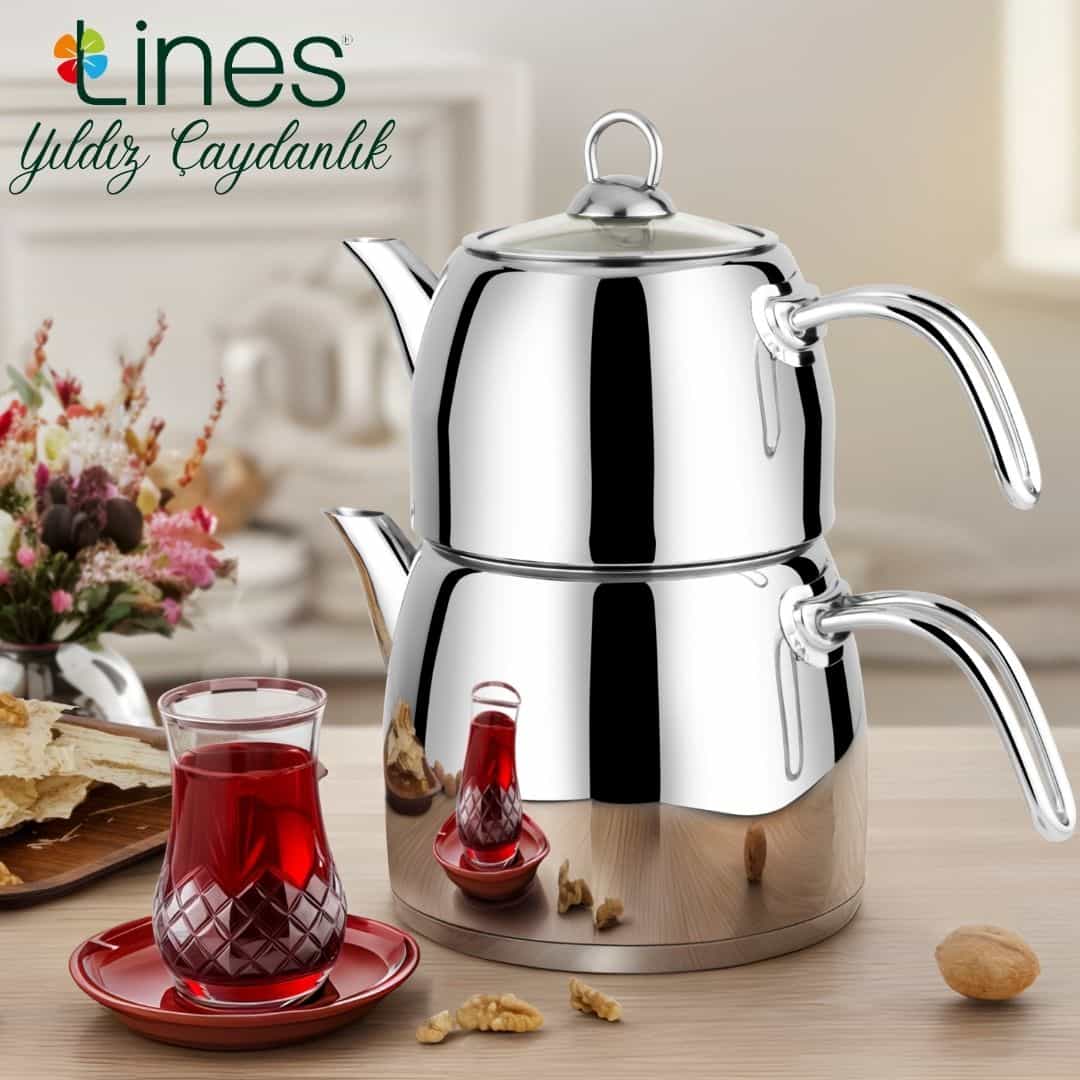 Lines Yıldız Paslanmaz Çelik Çaydanlık- Metal Kulp Buhar Kapaklı Çeyizlik - 1