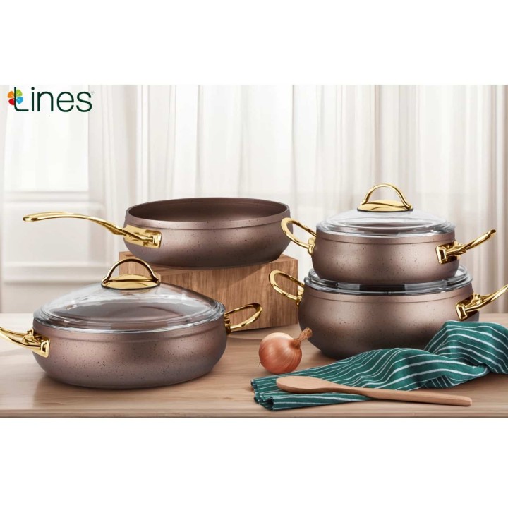 Lines Yonca Güveç 7 Parça Tencere Seti - Bakır Altın Kulp - Lines