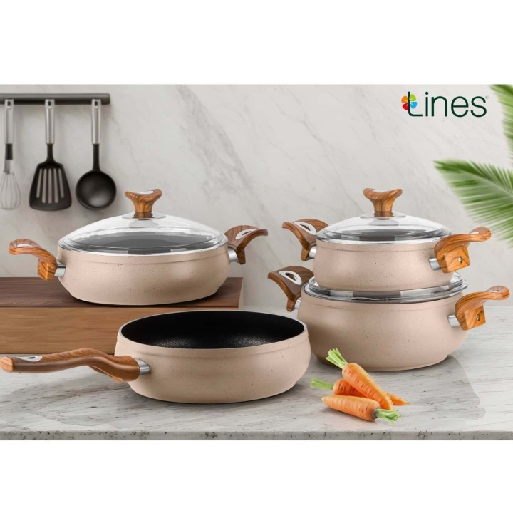 Lines Yonca Güveç 7 Parça Tencere Seti - Ihlamur Ahşap Kulp - Lines