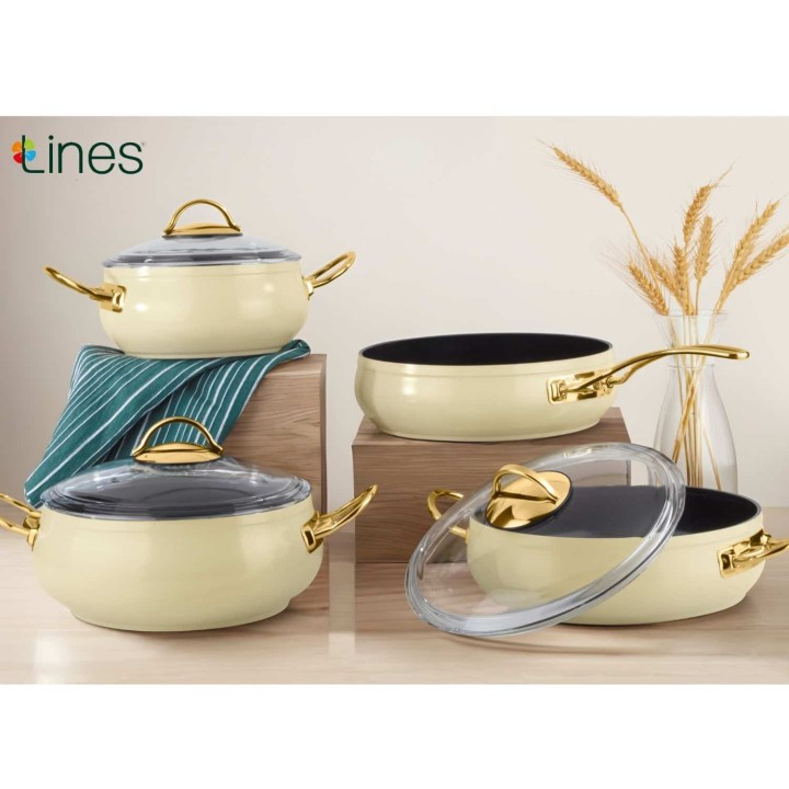 Lines Yonca Güveç 7 Parça Tencere Seti - Krem Altın Kulp - Lines