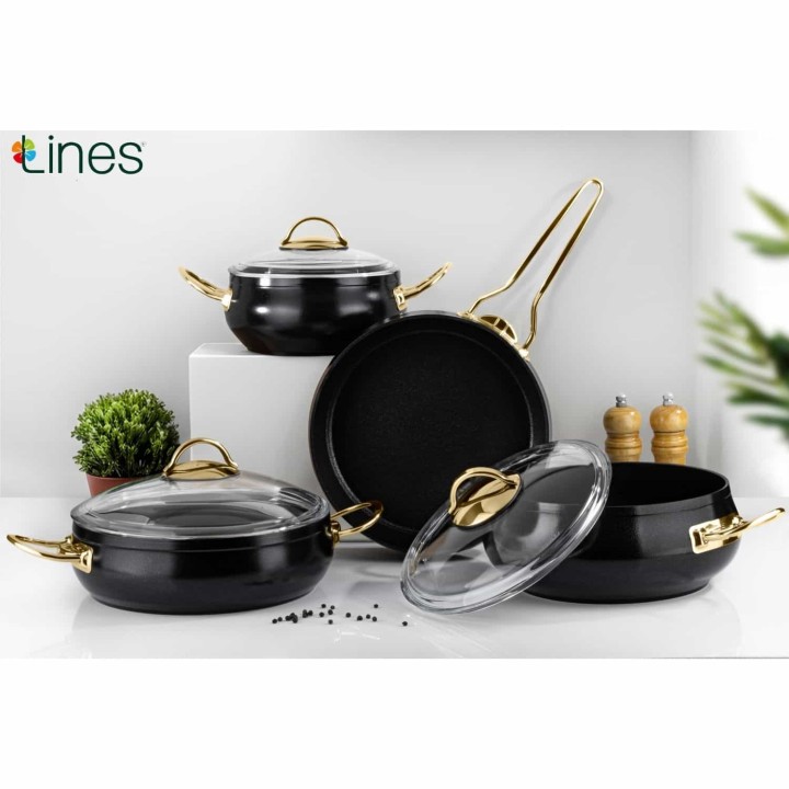 Lines Yonca Güveç 7 Parça Tencere Seti - Siyah Altın Kulp - Lines