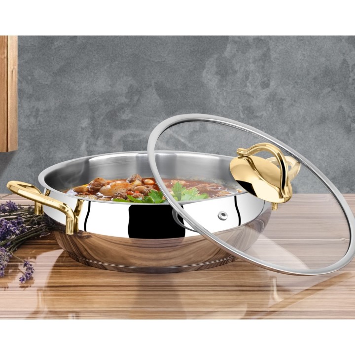 Lines Zeycan Altın Kulp Basık Küre Çelik Tencere - Lines