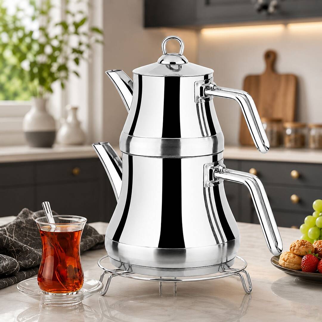 Naz Paslanmaz Çelik Çaydanlık Kendinden Süzgeçli Modern Metal Kulp - 1