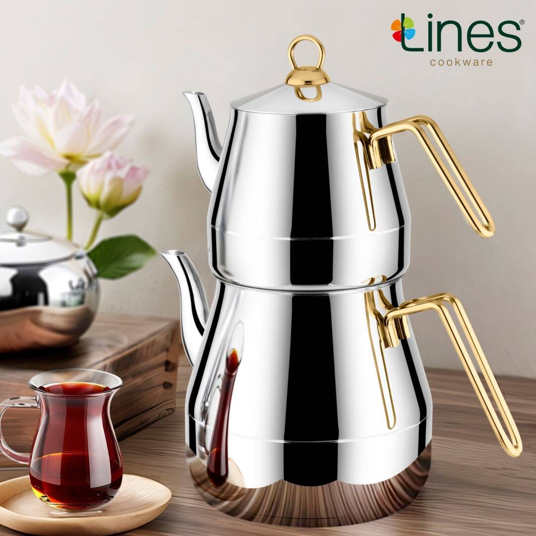 Lines Piramit Mega Boy Paslanmaz Çelik Çaydanlık – Altın Kulplu, Büyük Kapasiteli ve Dayanıklı - 1
